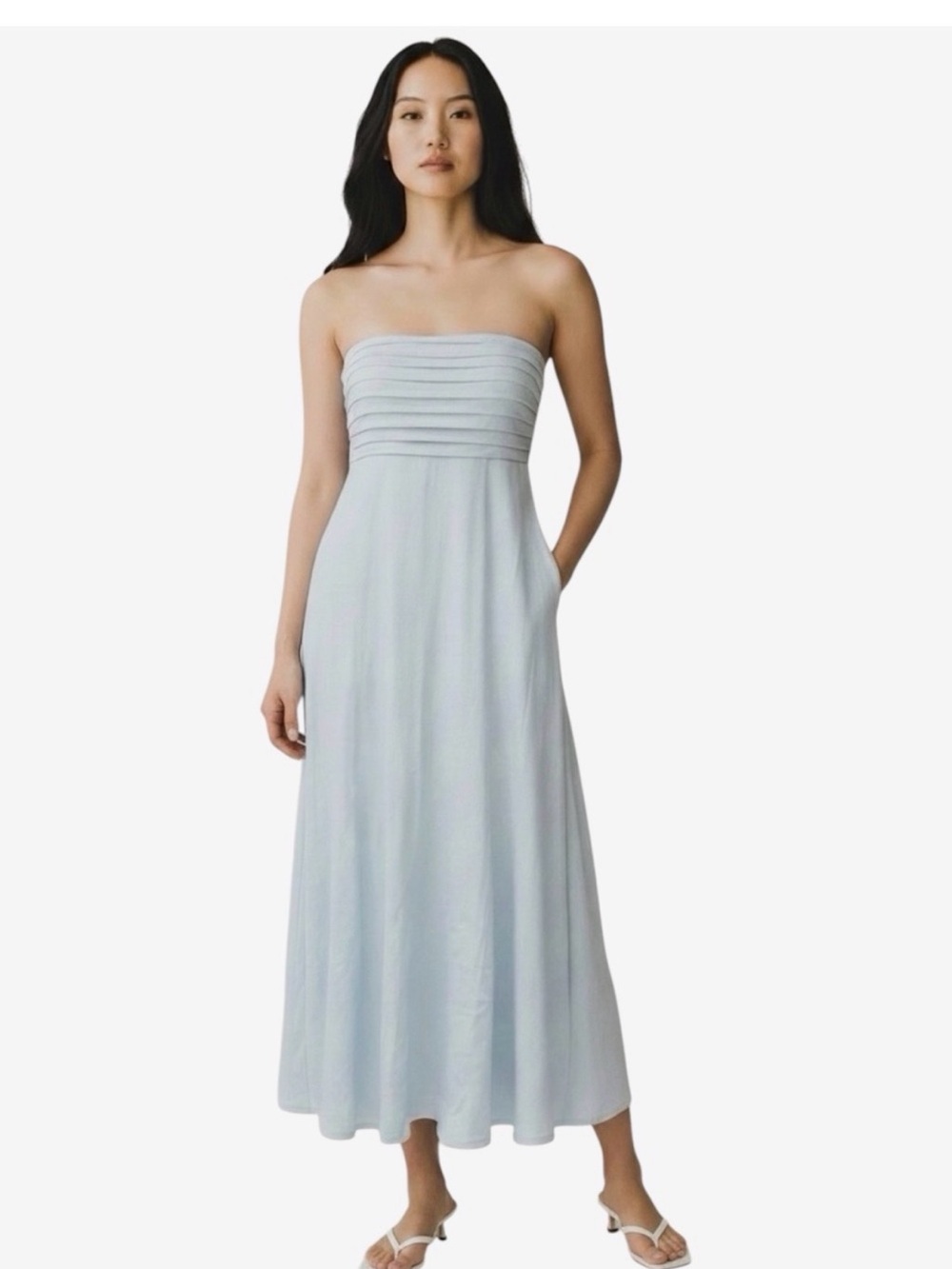 Caroline Constas Pale Blue Strapless Pleated Bodice Maxi Dress